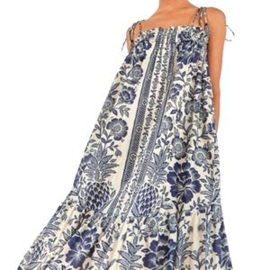 Farm Rio Blue Pineapple Garden Shoulder-Tie Midi Dress - Blue & White - X-Large